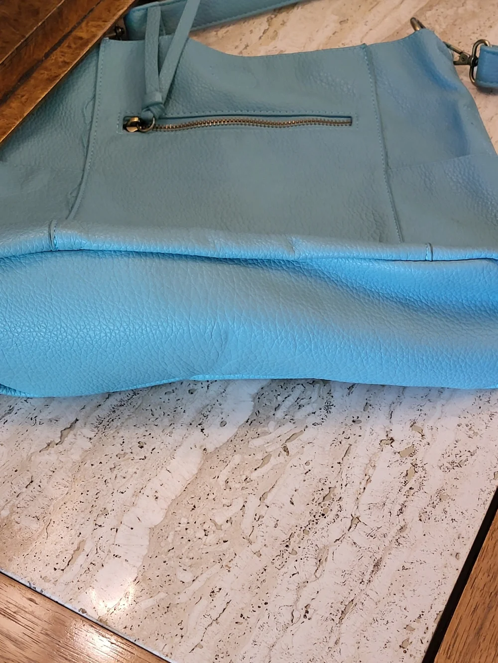 Kayleigh Side Pocket Bucket Bag Aquamarine Pebbled Vegan Leather